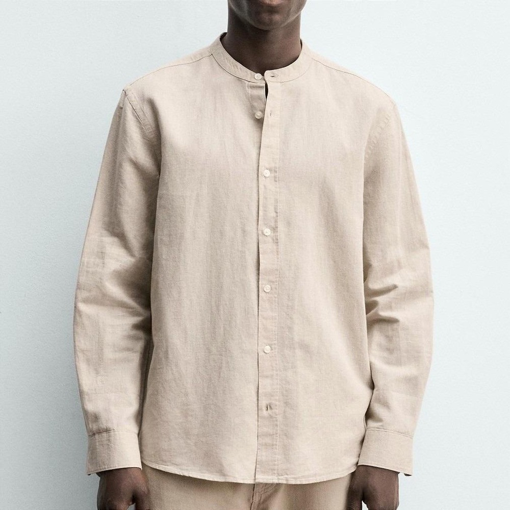 Zara Linen Relax Fit Band Collar Button Shirt Men M Beige Tan Long Sleeve Cotton